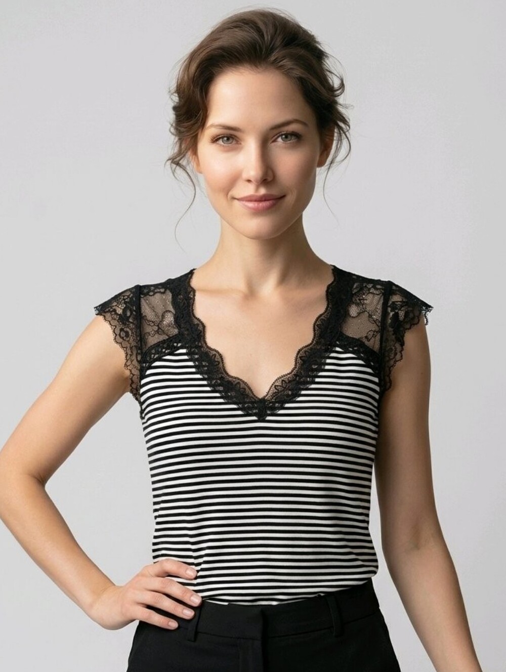 NWOT Striped Lace Trim Top
